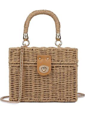 Women's Brown Wicker Crossbody Shoulder Bag Straw Beach Tote Bag Top Handle